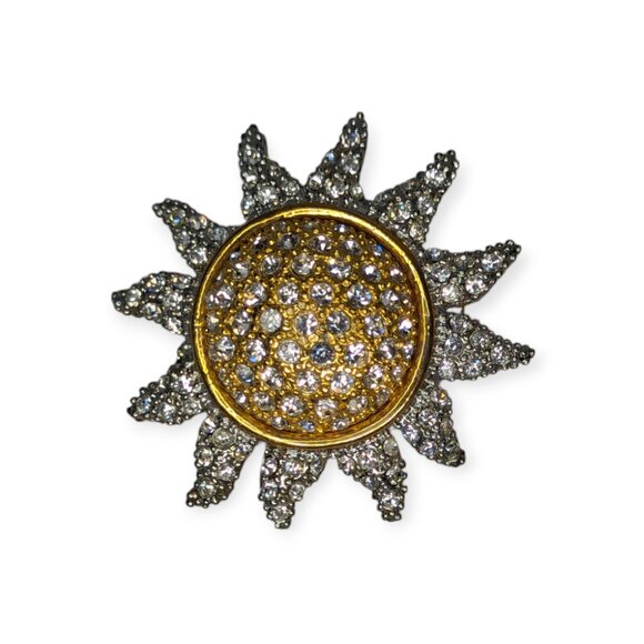 Vintage Rhinestone Gold Tone & Silver Tone Sunflower Brooch/Pin 2" - Picture 6 of 6